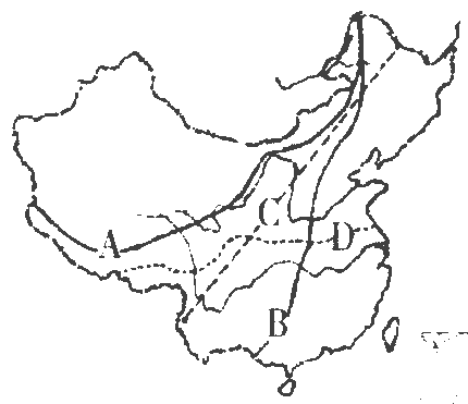 读我国地理分界线图,完成下列各题。下图A、B、C、D四条地理划分界线中表示:我国季风区与非季风区分界线的是界线。表 读我国地理分界线图,完成下列各题。下图A、B、C、D四条地理划分界线中表示:我国季风区与非季风区分界线的是界线。表