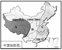读中国地势图,回答问题:⑴中国地势,按海拔的明显变化,大致可分为级阶梯。图中C属于第级阶梯。⑵A、B两阶梯之间的分界线是:、、;B、C两阶梯之间的分界 读中国地势图,回答问题:⑴中国地势,按海拔的明显变化,大致可分为级阶梯。图中C属于第级阶梯。⑵A、B两阶梯之间的分界线是:、、;B、C两阶梯之间的分界
