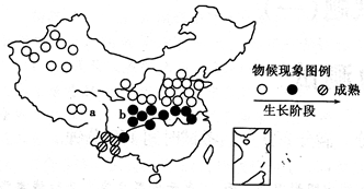 读3月上旬我国某种农作物物候现象分布示意图,回答下题。小题1:影响该农作物物候地域差异的主要因素是A.光照B.水分C.热量D.湿度小题2:a地物候现象比b地迟的 读3月上旬我国某种农作物物候现象分布示意图,回答下题。小题1:影响该农作物物候地域差异的主要因素是A.光照B.水分C.热量D.湿度小题2:a地物候现象比b地迟的