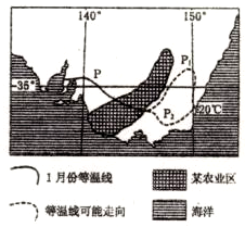 读某地区海陆分布图,回答问题。小题1: 图中曲线P表示某地区1月份20℃等温线,虚线P1、P2是有待确定的等温线走向,下列判断正确的是A.因有山地地形,等温线P 读某地区海陆分布图,回答问题。小题1: 图中曲线P表示某地区1月份20℃等温线,虚线P1、P2是有待确定的等温线走向,下列判断正确的是A.因有山地地形,等温线P