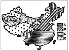 如图中ABCD分别表示的是我国四种农业生产地区,读图回答问题。小题1:秦岭—淮河在图中的位置应是( )A.A地区和B地区之间B.B地区和C地区之间C.B地区和D 如图中ABCD分别表示的是我国四种农业生产地区,读图回答问题。小题1:秦岭—淮河在图中的位置应是( )A.A地区和B地区之间B.B地区和C地区之间C.B地区和D