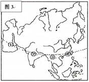 读图3完成问题小题1:图3中①②③④四地所对应的气候类型,正确的是:A.①是地中海气候B.②是热带、亚热带沙漠气候C.③是热带草原气候D.④亚热带季风气候小题2 读图3完成问题小题1:图3中①②③④四地所对应的气候类型,正确的是:A.①是地中海气候B.②是热带、亚热带沙漠气候C.③是热带草原气候D.④亚热带季风气候小题2