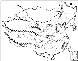 读“中国略图”,填出图中序号所代表的地理事物名称.山脉:①______③______河流:④______地形区:⑤______盆地⑥______高原 魔方格