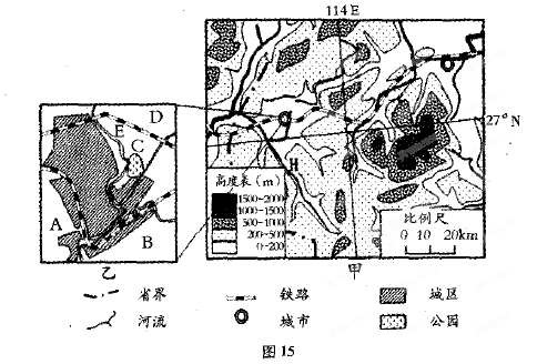 读图15,回答问题。读甲图判断所示区域主要地形类型及图中H河的大致流向。该市拟在乙图中A、B、C、D四地中建设高新技术开发区,你认为 读图15,回答问题。读甲图判断所示区域主要地形类型及图中H河的大致流向。该市拟在乙图中A、B、C、D四地中建设高新技术开发区,你认为