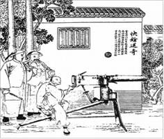 如图为《点石斋画报•快枪述奇》描绘的洋务企业“金陵机器制造局冶试验武器的情景。图中三人为:官员郭月楼和徐仲虎,工首唐履堂。图中文云:“工首……匠心运用,造成快枪 如图为《点石斋画报•快枪述奇》描绘的洋务企业“金陵机器制造局冶试验武器的情景。图中三人为:官员郭月楼和徐仲虎,工首唐履堂。图中文云:“工首……匠心运用,造成快枪