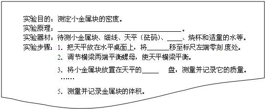 在“测定小金属块的密度”的实验中,小明设计的实验报告如下,请填写空格处的内容. 魔方格