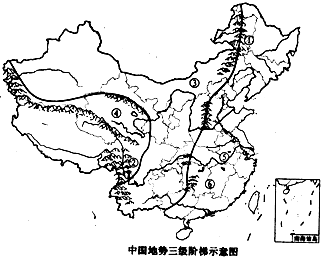 读图“中国地势三级阶梯示意图”,回答下列问题图中的序号中,______均位于第一级阶梯上.写出下列数码所代表的地理事物名称①______山脉③___ 魔方格