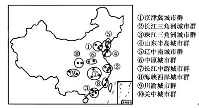 读“我国十大城市群分布图”,回答问题。小题1:十大城市群都具备的优势条件是A.地形开阔、土壤肥沃、水网密集B.气候适宜、取水方便C.交通便利、工商业比较发达小题 读“我国十大城市群分布图”,回答问题。小题1:十大城市群都具备的优势条件是A.地形开阔、土壤肥沃、水网密集B.气候适宜、取水方便C.交通便利、工商业比较发达小题