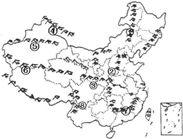 中国地形分布示意图”,完成下列要求:图中数码代表的山脉名称是:①______;②______;④______;⑤______;⑥______;⑦_____ 魔方格