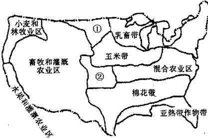 读美国农业带分布示意图,回答17——18题:小题1:据图判断,美国农业生产布局最主要的特征是A.农业生产高度机械化B.农业生产地区专门化C.农业生产高度商品化D 读美国农业带分布示意图,回答17——18题:小题1:据图判断,美国农业生产布局最主要的特征是A.农业生产高度机械化B.农业生产地区专门化C.农业生产高度商品化D