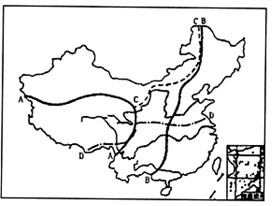 读图,回答下列各题。图中A、B、C、D各条线均是我国的重要地理分界线,回答:A.________________________;B.__ 读图,回答下列各题。图中A、B、C、D各条线均是我国的重要地理分界线,回答:A.________________________;B.__