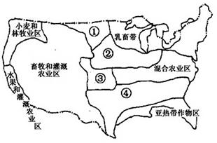 下图是美国农业带分布示意图,读图回答题。小题1:下列选项,与美国东北部和五大湖附近乳畜带形成无关的是A.气候湿冷B.城市集中C.土壤贫瘠D.天然牧场广阔小题2: 下图是美国农业带分布示意图,读图回答题。小题1:下列选项,与美国东北部和五大湖附近乳畜带形成无关的是A.气候湿冷B.城市集中C.土壤贫瘠D.天然牧场广阔小题2:
