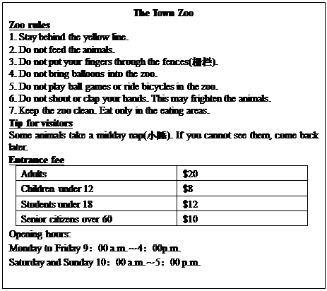 小题1:Jack wants to go to the zoo early next Thursday.The zoo will open at________ 小题1:Jack wants to go to the zoo early next Thursday.The zoo will open at________