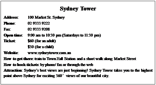 小题1:Sydney Tower is ____________ in Sydney, Australia.A.the busiest streetB.the 小题1:Sydney Tower is ____________ in Sydney, Australia.A.the busiest streetB.the