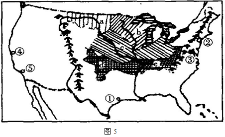 读图5,完成问题。小题1:图中a、b、c、d、e区域中,属于商品谷物农业地域类型的是A.a、b、c B.c、d、eC.a、b、e D.a、c、d小题2:图示① 读图5,完成问题。小题1:图中a、b、c、d、e区域中,属于商品谷物农业地域类型的是A.a、b、c B.c、d、eC.a、b、e D.a、c、d小题2:图示①