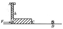 如图所示,水平地面上有一“L”型滑板ABC,竖直高度AB=1.8m.D处有一固定障碍物,滑板右端C到障碍物的距离为1m.滑板左端加上水平向右的推力F= 如图所示,水平地面上有一“L”型滑板ABC,竖直高度AB=1.8m.D处有一固定障碍物,滑板右端C到障碍物的距离为1m.滑板左端加上水平向右的推力F=