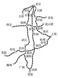 京广高铁是以客运为主的快速铁路。读图回答下列问题。小题1:影响京广高铁建设的主要因素是A.自然资源 B.气候条件C.城市分布D.地形地势小题2:建设京广高铁的重 京广高铁是以客运为主的快速铁路。读图回答下列问题。小题1:影响京广高铁建设的主要因素是A.自然资源 B.气候条件C.城市分布D.地形地势小题2:建设京广高铁的重