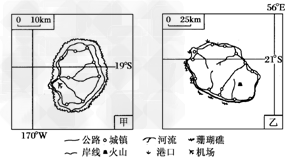 下图为甲、乙两岛略图,其中甲岛地势低平。完成下列要求。按东、西半球划分,甲岛位于________半球。甲岛周围的水域属于_ 下图为甲、乙两岛略图,其中甲岛地势低平。完成下列要求。按东、西半球划分,甲岛位于________半球。甲岛周围的水域属于_