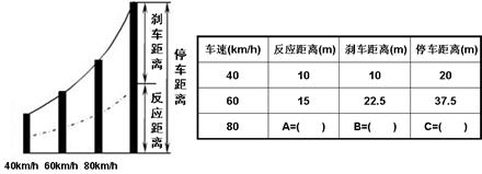 如图,是《驾驶员守则》中的安全距离图示和部分安全距离表格:请根据图表计算如果驾驶员的反应时间一定、路面情况相同,请在表格中填入A、B、C的数据;如果 如图,是《驾驶员守则》中的安全距离图示和部分安全距离表格:请根据图表计算如果驾驶员的反应时间一定、路面情况相同,请在表格中填入A、B、C的数据;如果