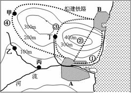 在下图所示区域内,准备修建从A城到B城的铁路,据此分析回答1~2题。小题1:在图示的四条线路备选方案中,最佳方案为A.①B.②C.③D.④小题2:按照上题的铁路 在下图所示区域内,准备修建从A城到B城的铁路,据此分析回答1~2题。小题1:在图示的四条线路备选方案中,最佳方案为A.①B.②C.③D.④小题2:按照上题的铁路