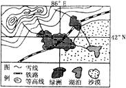读某区域图,完成题。5.图中的铁路名是 A.青藏铁路 B.兰新铁路 C.南疆铁路 D.包兰铁路6.图中湖泊的面积在逐年萎缩,在原因的推测中,最不可能成立的是 读某区域图,完成题。5.图中的铁路名是 A.青藏铁路 B.兰新铁路 C.南疆铁路 D.包兰铁路6.图中湖泊的面积在逐年萎缩,在原因的推测中,最不可能成立的是