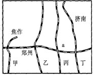 我国某地区东西和南北铁路干线的示意图,回答4-5题:小题1: 图中铁路交通枢纽a是A.商丘B.开封C.徐州D.合肥小题2:图中东西向的铁路干线分布有我国重要的工 我国某地区东西和南北铁路干线的示意图,回答4-5题:小题1: 图中铁路交通枢纽a是A.商丘B.开封C.徐州D.合肥小题2:图中东西向的铁路干线分布有我国重要的工