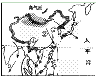 读“冬季风示意图”,回答下题。小题1:图中冬季风①盛行风向为A.东北风B.东南风C.西南风D.西北风小题2:图中①②方向刮来的风的性质是A.寒冷干燥 B 读“冬季风示意图”,回答下题。小题1:图中冬季风①盛行风向为A.东北风B.东南风C.西南风D.西北风小题2:图中①②方向刮来的风的性质是A.寒冷干燥 B
