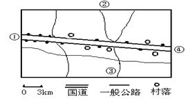 读图,完成问题。小题1:图中黑点表示某种地理事物,该地理事物最有可能是:A.公共汽车站B.加油站C.超市D.工厂小题2:图中国道走向平直的主要原因是:A 读图,完成问题。小题1:图中黑点表示某种地理事物,该地理事物最有可能是:A.公共汽车站B.加油站C.超市D.工厂小题2:图中国道走向平直的主要原因是:A