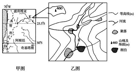 下图中甲图为南美洲局部地区图,乙图为甲图中E地区的地形图。读图回答下列小题。小题1:A地附近有色金属资源丰富,其开发困难的原因可能是:A.气候干旱,水源短缺,缺 下图中甲图为南美洲局部地区图,乙图为甲图中E地区的地形图。读图回答下列小题。小题1:A地附近有色金属资源丰富,其开发困难的原因可能是:A.气候干旱,水源短缺,缺