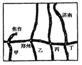 图中丙铁路线和横向铁路线交会处的城市是A.开封 B.商丘C.徐州 D.洛阳 图中丙铁路线和横向铁路线交会处的城市是A.开封 B.商丘C.徐州 D.洛阳