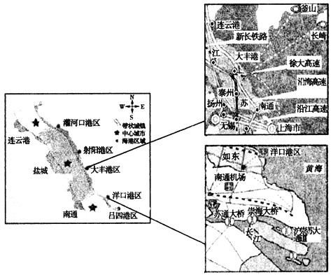 连云港、大丰港、洋口港是苏北港口群中的重要港口。根据下面三图,结合所学知识,回答下列问题。与铁路和公路运输相比,海运的优点是___________ 连云港、大丰港、洋口港是苏北港口群中的重要港口。根据下面三图,结合所学知识,回答下列问题。与铁路和公路运输相比,海运的优点是___________