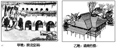 读下列甲、乙两地传统民居图,分析甲、乙两传统民居可得出的结论是A.甲地水热条件优于乙地B.乙地昼夜温差大C.甲地土壤直立性强D.乙地地势平坦 读下列甲、乙两地传统民居图,分析甲、乙两传统民居可得出的结论是A.甲地水热条件优于乙地B.乙地昼夜温差大C.甲地土壤直立性强D.乙地地势平坦