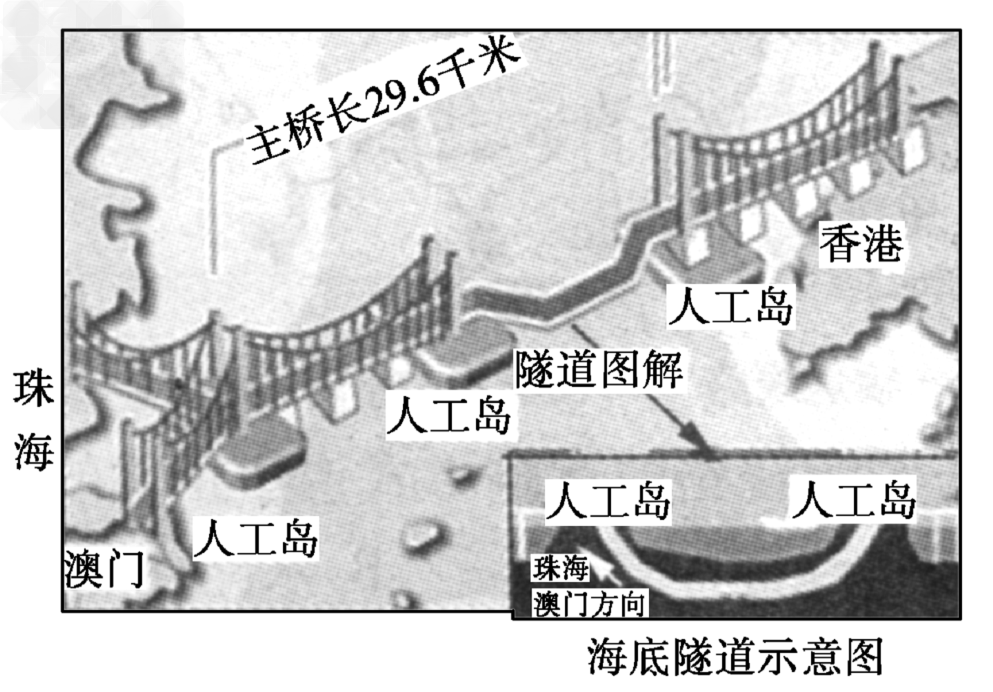 港珠澳大桥预计2015~2016年通车。大桥全长49.968千米,将按六车道高速公路标准建设。中间段的海底隧道两端各建一个人工岛与大桥连接转换。读下 港珠澳大桥预计2015~2016年通车。大桥全长49.968千米,将按六车道高速公路标准建设。中间段的海底隧道两端各建一个人工岛与大桥连接转换。读下
