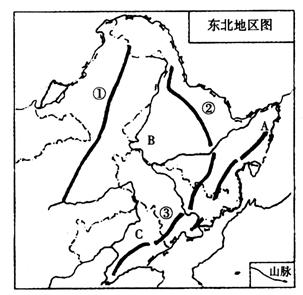 读东北地区图,完成下列各题。1)东北地区大部分地处我国地势的级阶梯,2)图中字母代表的三个平原分别是:A、B、C。3)图中数字代表的山脉名称是:①,② 读东北地区图,完成下列各题。1)东北地区大部分地处我国地势的级阶梯,2)图中字母代表的三个平原分别是:A、B、C。3)图中数字代表的山脉名称是:①,②