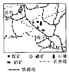 南昆铁路是1997年我国西南地区新开通的一条国内科技含量最高的现代化铁路,全长898.6千米,吸引范围共计29个县市。请结合图完成:该铁路起自广 南昆铁路是1997年我国西南地区新开通的一条国内科技含量最高的现代化铁路,全长898.6千米,吸引范围共计29个县市。请结合图完成:该铁路起自广