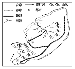 读图,完成小题。小题1:图中甲、乙、丙、丁四处港口,条件最好的是( )A.甲B.乙C.丙 D.丁小题2:图中甲、乙、丙、丁四处港口,最容易发生泥沙淤积的是( 读图,完成小题。小题1:图中甲、乙、丙、丁四处港口,条件最好的是( )A.甲B.乙C.丙 D.丁小题2:图中甲、乙、丙、丁四处港口,最容易发生泥沙淤积的是(