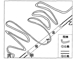 下图为某地交通线路示意图。据此回答1~2题。1.关于图中交通线的说法,正确的是A.①是乡村公路,②是高速公路B.甲乙两地相对高度大C.②公路单位距离造价低D.① 下图为某地交通线路示意图。据此回答1~2题。1.关于图中交通线的说法,正确的是A.①是乡村公路,②是高速公路B.甲乙两地相对高度大C.②公路单位距离造价低D.①
