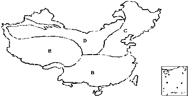 读中国气候类型图,填出图中字母所代表的气候类型A.______B.______C.______D.______E.______. 魔方格
