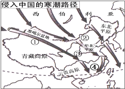阅读资料及“侵入中国的寒潮路径”图,完成以下各题:资料:寒潮是一种强冷空气活动,也是冬半年影响我国的主要灾害性天气.寒潮南下使所经过地区产生急剧降温、霜冻、大风 魔方格