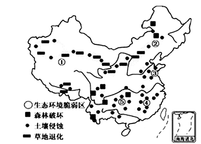 读我国主要生态环境问题分布图,回答下列问题。(1)①地区草地退化严重,其自然原因是 。(2)试分析图中①~②地区土壤侵蚀和草地退化比较严 读我国主要生态环境问题分布图,回答下列问题。(1)①地区草地退化严重,其自然原因是 。(2)试分析图中①~②地区土壤侵蚀和草地退化比较严