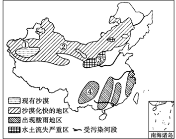我国存在着一系列严重的生态环境问题,对经济社会发展构成了巨大挑战,解决我国生态问题刻不容缓。读图,回答问题。(1)①地区荒漠化的自然原因是 。(1分)(2 我国存在着一系列严重的生态环境问题,对经济社会发展构成了巨大挑战,解决我国生态问题刻不容缓。读图,回答问题。(1)①地区荒漠化的自然原因是 。(1分)(2