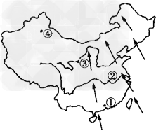 读下图回答问题:图中箭头所示的风是_______风,风向是_______。受这种风影响不明显的地区是_______区。在①②③④四城市 读下图回答问题:图中箭头所示的风是_______风,风向是_______。受这种风影响不明显的地区是_______区。在①②③④四城市