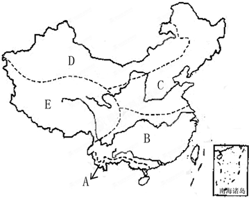 读我国气候类型分布图,回答下列问题:写出图中字母表示的气候类型A:______气候,B:______气候,C:______气候,D:______气候,E: 魔方格