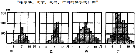如图,按照四座城市自南而北的顺序排列应为A.丁、丙、乙、甲B.甲、乙、丙、丁C.丁、乙、甲、丙D.丙、甲、乙、丁 魔方格