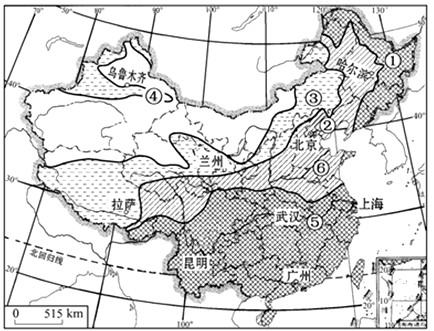 读我国干湿地区分布图,回答下列问题。①→②→③→④植被类型的变化是_______→________→________→________。图中 读我国干湿地区分布图,回答下列问题。①→②→③→④植被类型的变化是_______→________→________→________。图中