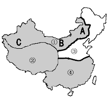 读下面我国四大区域图在区域①中,由A→B→C的景观变化依次是:草原 →荒漠草原→荒漠 ,造成这种现象的主要原因 是(降水、 读下面我国四大区域图在区域①中,由A→B→C的景观变化依次是:草原 →荒漠草原→荒漠 ,造成这种现象的主要原因 是(降水、