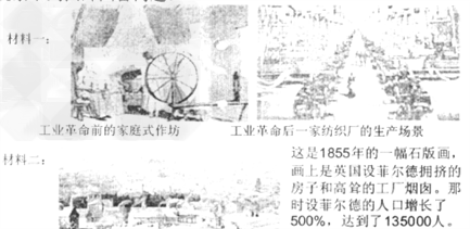 观察下列图片回答问题。材料一从哪些方面反映了工业革命给社会生产带来的变化?________________ 观察下列图片回答问题。材料一从哪些方面反映了工业革命给社会生产带来的变化?________________