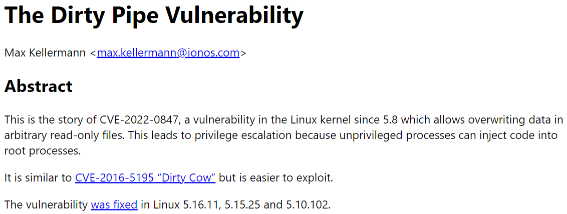 Linux 内核最新高危提权漏洞:脏管道 (Dirty Pipe) Linux 内核最新高危提权漏洞:脏管道 (Dirty Pipe)