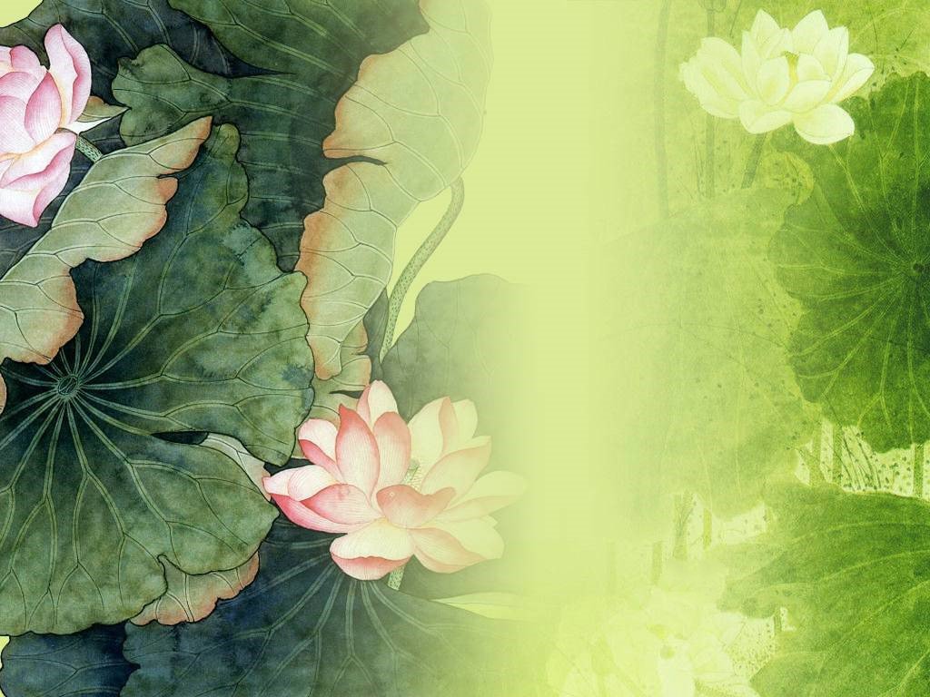 绿色古典荷花_古香古色的古画荷花效果_PPT背景图片_PPT课件背景图片