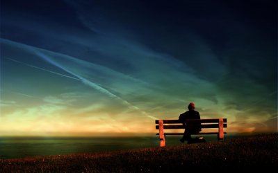 夕阳西下坐在排椅上的老人与海PPT背景图片 露珠的绿叶上休息的七星瓢虫PPT背景图片